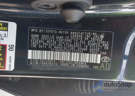 2019 Toyota Corolla Le from USA, damaged, VIN 2T1BURHE5KC175502